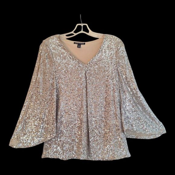 BLING Cable and Gauge M Glitzy Glam Party Top Sequins Split Bell Sleeves Holiday - Picture 1 of 16
